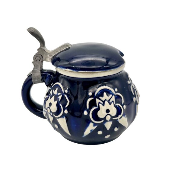 Vintage Wekara German Lidded Mustard Pot Stein Blue White Stoneware 3.5"H - Picture 2 of 7